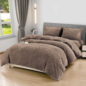 Lenjerie de Pat Dublu, CoCoLiNo Ultra Pufoasă, 4 piese, Cearșaf cu ELASTIC, Model Traditional 3D, Maro