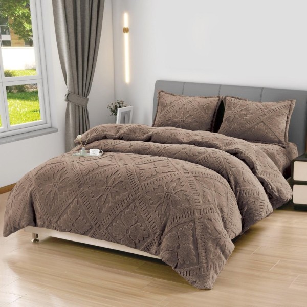 Lenjerie de Pat Dublu, CoCoLiNo Ultra Pufoasă, 4 piese, Cearșaf cu ELASTIC, Model Traditional 3D, Maro [1]