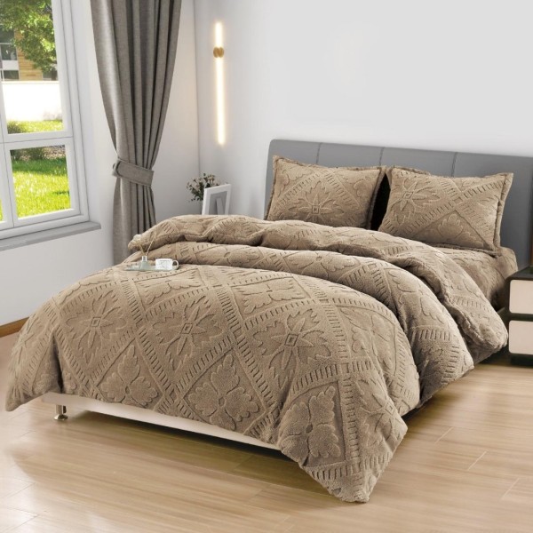 Lenjerie de Pat Dublu, CoCoLiNo Ultra Pufoasă, 4 piese, Cearșaf cu ELASTIC, Model Traditional 3D, Bej inhis [1]
