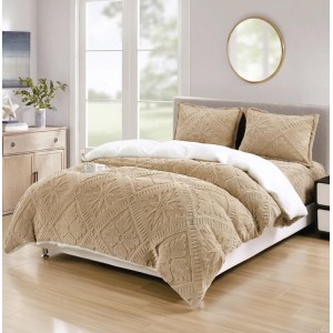 Lenjerie de Pat Dublu, CoCoLiNo Ultra Pufoasă, cu Blanita Sherpa Alba, 4 piese, Cearșaf cu ELASTIC, Model Traditional 3D, Bej nisipiu