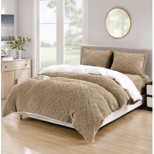 Lenjerie de Pat Dublu, CoCoLiNo Ultra Pufoasă, cu Blanita Sherpa Alba, 4 piese, Cearșaf cu ELASTIC, Model Traditional 3D, Bej inchis Lenjerie de Pat Dublu, CoCoLiNo Ultra Pufoasă, cu Blanita Sherpa Alba, 4 piese, Cearșaf cu ELASTIC, Model Traditional 3D, Bej inchis