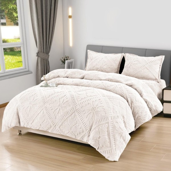 Lenjerie de Pat Dublu, CoCoLiNo Ultra Pufoasă, 4 piese, Cearșaf cu ELASTIC, Model Traditional 3D, Ivoire [1]