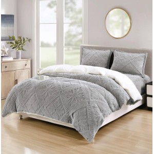 Lenjerie de Pat Dublu, CoCoLiNo Ultra Pufoasă, cu Blanita Sherpa Alba, 4 piese, Cearșaf cu ELASTIC, Model Traditional 3D, Gri deschis