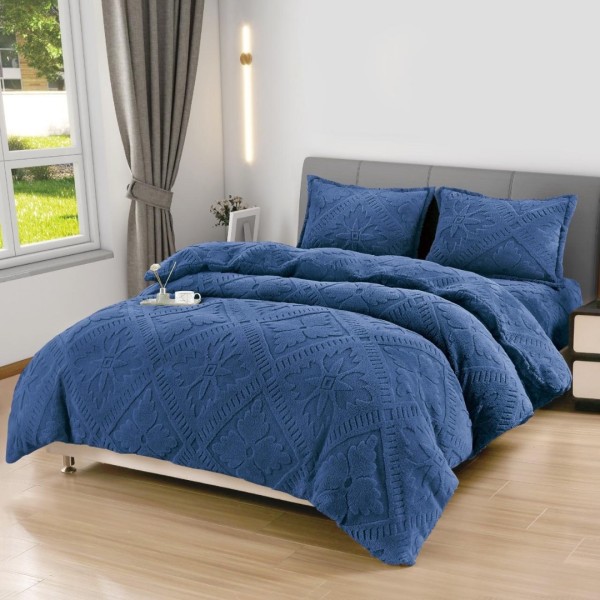 Lenjerie de Pat Dublu, CoCoLiNo Ultra Pufoasă, 4 piese, Cearșaf cu ELASTIC, Model Traditional 3D, Albastru [1]