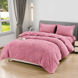 Lenjerie de Pat Dublu, CoCoLiNo Ultra Pufoasă, 4 piese, Cearșaf cu ELASTIC, Model Traditional 3D, Roz