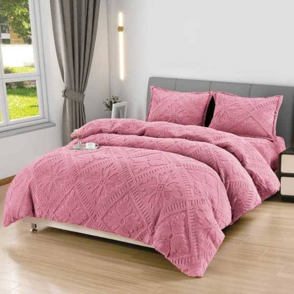 Lenjerie de Pat Dublu, CoCoLiNo Ultra Pufoasă, 4 piese, Cearșaf cu ELASTIC, Model Traditional 3D, Roz [1]