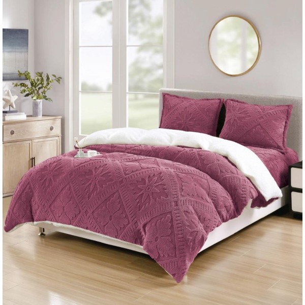 Lenjerie de Pat Dublu, CoCoLiNo Ultra Pufoasă, cu Blanita Sherpa Alba, 4 piese, Cearșaf cu ELASTIC, Model Traditional 3D, Roz inchis [1]