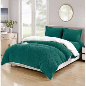 Lenjerie de Pat Dublu, CoCoLiNo Ultra Pufoasă, cu Blanita Sherpa Alba, 4 piese, Cearșaf cu ELASTIC, Model Traditional 3D, Verde