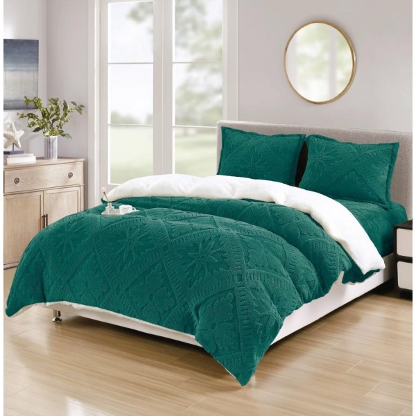 Lenjerie de Pat Dublu, CoCoLiNo Ultra Pufoasă, cu Blanita Sherpa Alba, 4 piese, Cearșaf cu ELASTIC, Model Traditional 3D, Verde [1]
