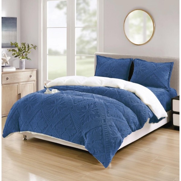 Lenjerie de Pat Dublu, CoCoLiNo Ultra Pufoasă, cu Blanita Sherpa Alba, 4 piese, Cearșaf cu ELASTIC, Model Traditional 3D, Albastru [1]