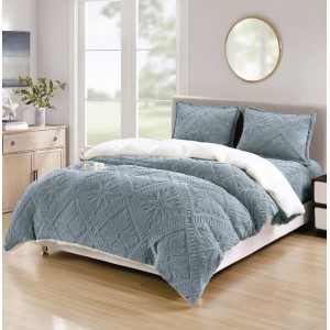 Lenjerie de Pat Dublu, CoCoLiNo Ultra Pufoasă, cu Blanita Sherpa Alba, 4 piese, Cearșaf cu ELASTIC, Model Traditional 3D, Gri albastrui