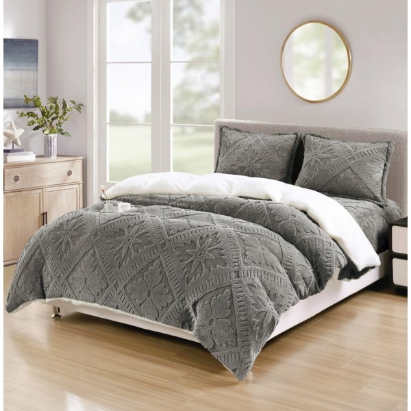 Lenjerie de Pat Dublu, CoCoLiNo Ultra Pufoasă, cu Blanita Sherpa Alba, 4 piese, Cearșaf cu ELASTIC, Model Traditional 3D, Gri inchis [1]