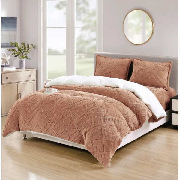 Lenjerie de Pat Dublu, CoCoLiNo Ultra Pufoasă, cu Blanita Sherpa Alba, 4 piese, Cearșaf cu ELASTIC, Model Traditional 3D, Caramel [1]