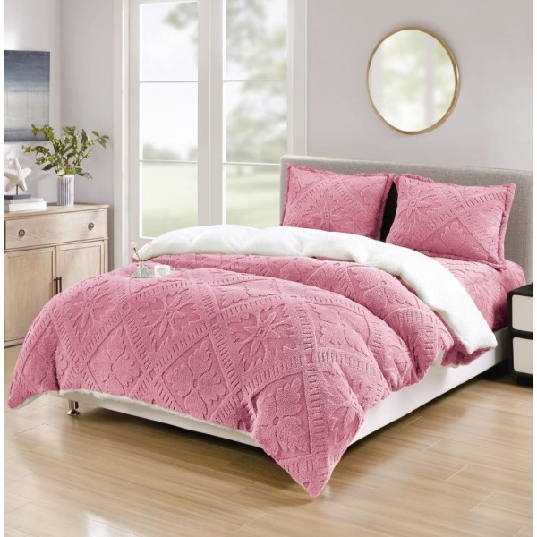 Lenjerie de Pat Dublu, CoCoLiNo Ultra Pufoasă, cu Blanita Sherpa Alba, 4 piese, Cearșaf cu ELASTIC, Model Traditional 3D, Roz [1]
