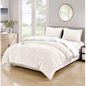 Lenjerie de Pat Dublu, CoCoLiNo Ultra Pufoasă, cu Blanita Sherpa Alba, 4 piese, Cearșaf cu ELASTIC, Model Traditional 3D, Ivoire