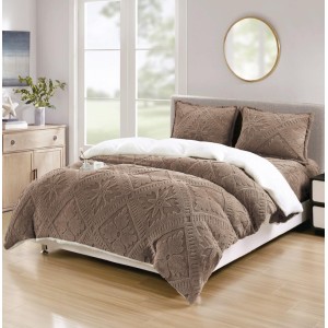 Lenjerie de Pat Dublu, CoCoLiNo Ultra Pufoasă, cu Blanita Sherpa Alba, 4 piese, Cearșaf cu ELASTIC, Model Traditional 3D, Maro