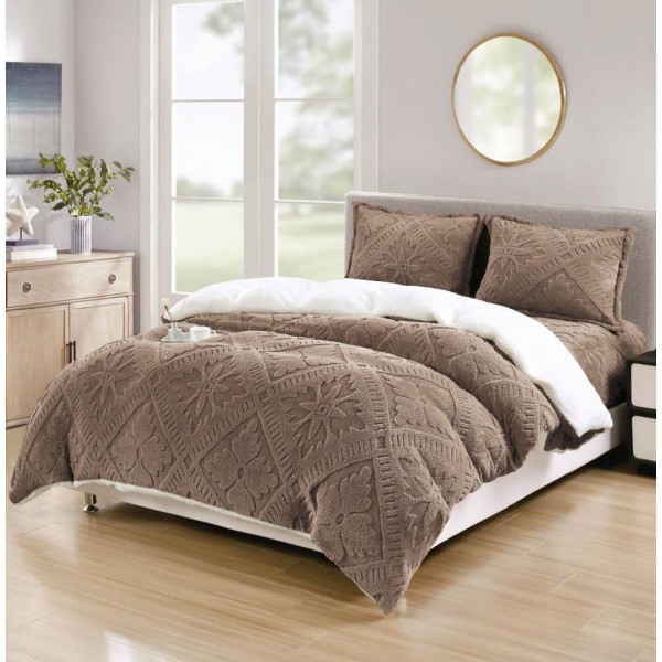 Lenjerie de Pat Dublu, CoCoLiNo Ultra Pufoasă, cu Blanita Sherpa Alba, 4 piese, Cearșaf cu ELASTIC, Model Traditional 3D, Maro [1]