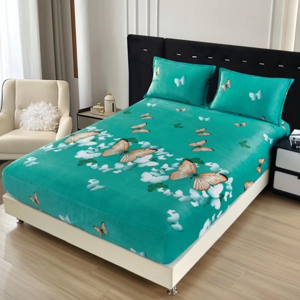 Cearsaf cu Elastic Cocolino 180x200cm si 2 fete de perna 50x70cm, Turquoise, Fluturi [1]