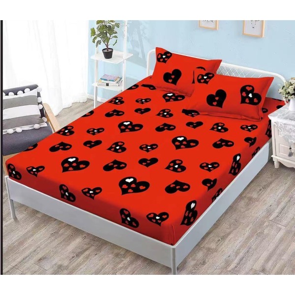 Cearsaf cu Elastic Cocolino 180x200cm si 2 fete de perna 50x70cm, Rosu, Inimioare Negre [1]