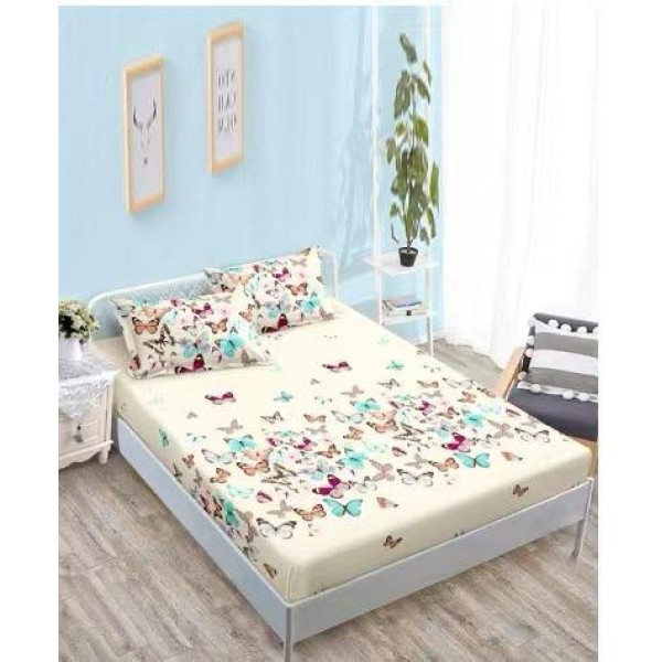 Cearsaf cu Elastic Cocolino 180x200cm si 2 fete de perna 50x70cm, Crem, Fluturi [1]