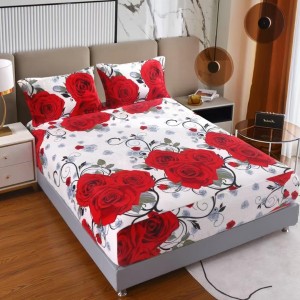 Cearsaf cu Elastic Cocolino 180x200cm si 2 fete de perna 50x70cm, Alb, Trandafiri Rosii Cearsaf cu Elastic Cocolino 180x200cm si 2 fete de perna 50x70cm, Alb, Trandafiri Rosii