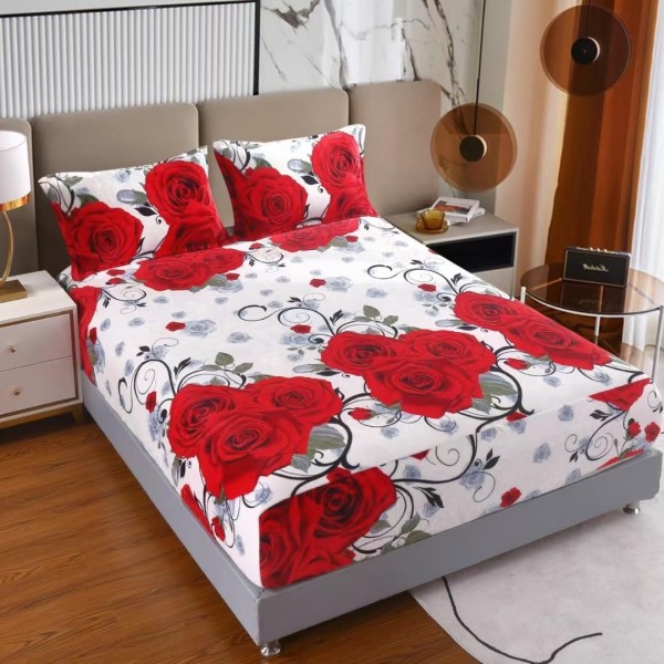 Cearsaf cu Elastic Cocolino 180x200cm si 2 fete de perna 50x70cm, Alb, Trandafiri Rosii [1]