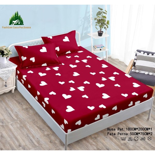 Cearsaf cu Elastic Cocolino 180x200cm si 2 fete de perna 50x70cm, Rosu, Inimioare Albe [1]