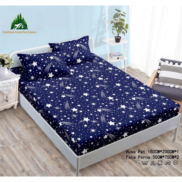 Cearsaf cu Elastic Cocolino 180x200cm si 2 fete de perna 50x70cm, Albastru, Ploaie de Stele [1]
