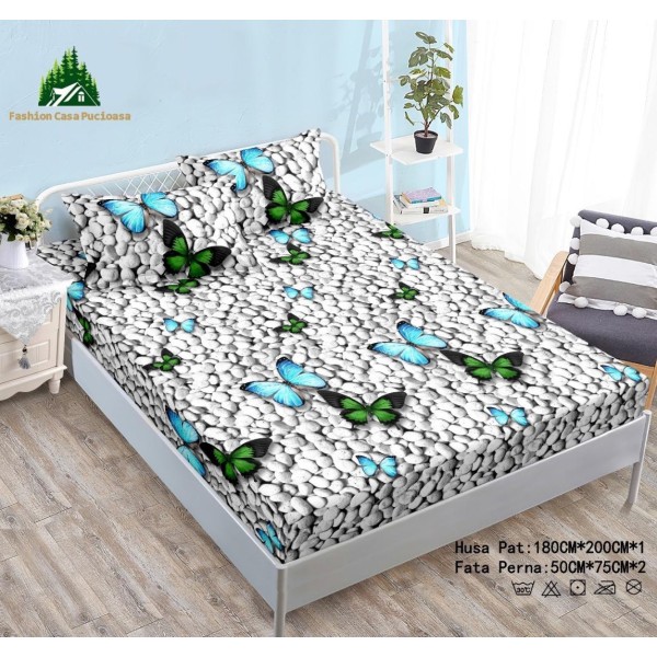 Cearsaf cu Elastic Cocolino 180x200cm si 2 fete de perna 50x70cm, Gri, Fluturi [1]