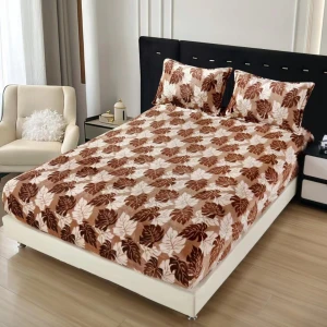 Cearsaf cu Elastic Cocolino 180x200cm si 2 fete de perna 50x70cm, Bej, Maro, Frunze