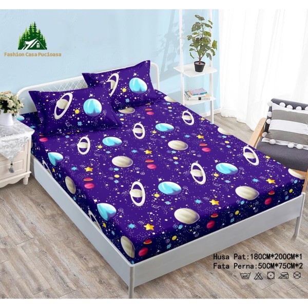 Cearsaf cu Elastic Cocolino 180x200cm si 2 fete de perna 50x70cm, Mov, Planete [1]