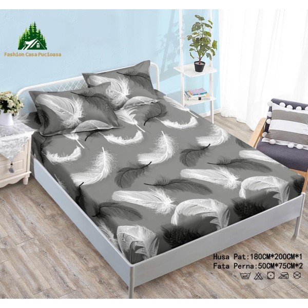 Cearsaf cu Elastic Cocolino 180x200cm si 2 fete de perna 50x70cm, Gri, Pene [1]