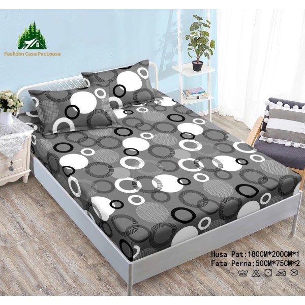Cearsaf cu Elastic Cocolino 180x200cm si 2 fete de perna 50x70cm, Gri, Cercuri [1]