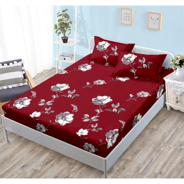 Cearsaf cu Elastic Cocolino 180x200cm si 2 fete de perna 50x70cm, Grena, Flori [1]