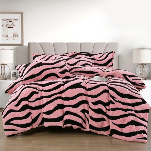 Lenjerie pat dublu, Super Pufoasa COCOLINO Sherpa, cu ELASTIC, 4 piese, Roz, Zebra Print [1]