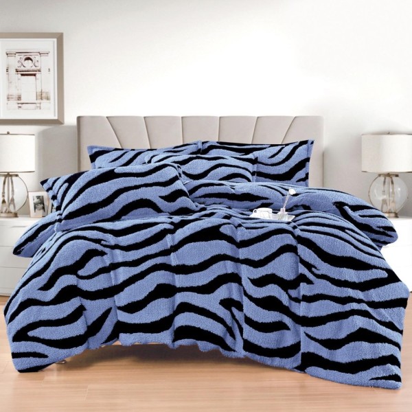 Lenjerie pat dublu, Super Pufoasa COCOLINO Sherpa, cu ELASTIC, 4 piese, Albastru, Zebra Print [1]