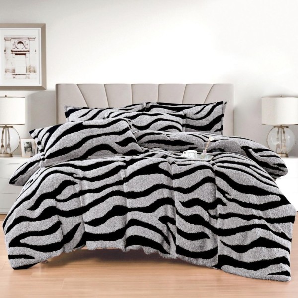 Lenjerie pat dublu, Super Pufoasa COCOLINO Sherpa, cu ELASTIC, 4 piese, Gri deschis, Zebra Print [1]