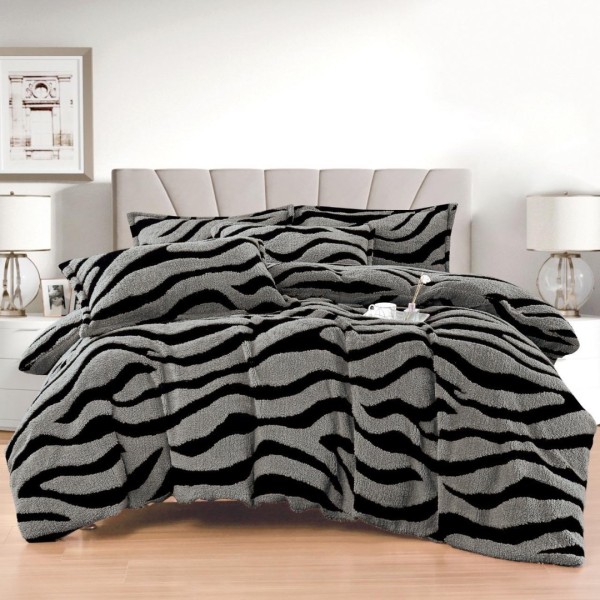 Lenjerie pat dublu, Super Pufoasa COCOLINO Sherpa, cu ELASTIC, 4 piese, Gri inchis, Zebra Print [1]