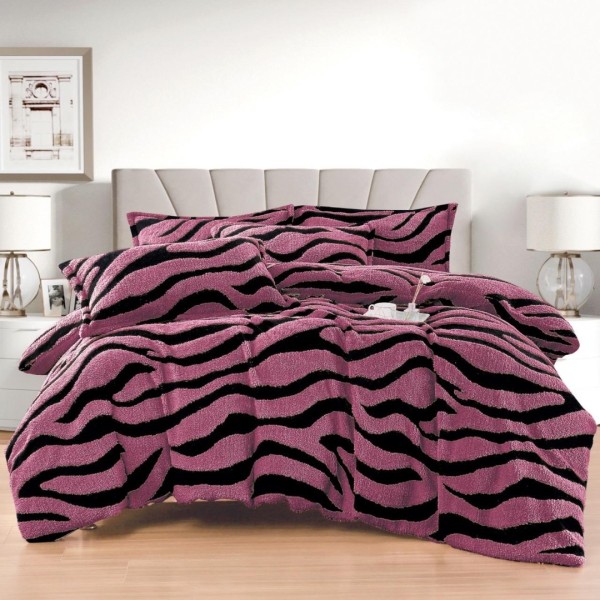 Lenjerie pat dublu, Super Pufoasa COCOLINO Sherpa, cu ELASTIC, 4 piese, Roz inchis, Zebra Print [1]