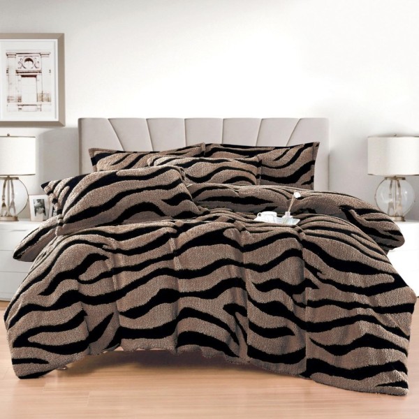 Lenjerie pat dublu, Super Pufoasa COCOLINO Sherpa, cu ELASTIC, 4 piese, Maro, Zebra Print [1]