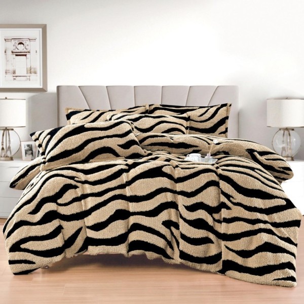 Lenjerie pat dublu, Super Pufoasa COCOLINO Sherpa, cu ELASTIC, 4 piese, Bej, Zebra Print [1]