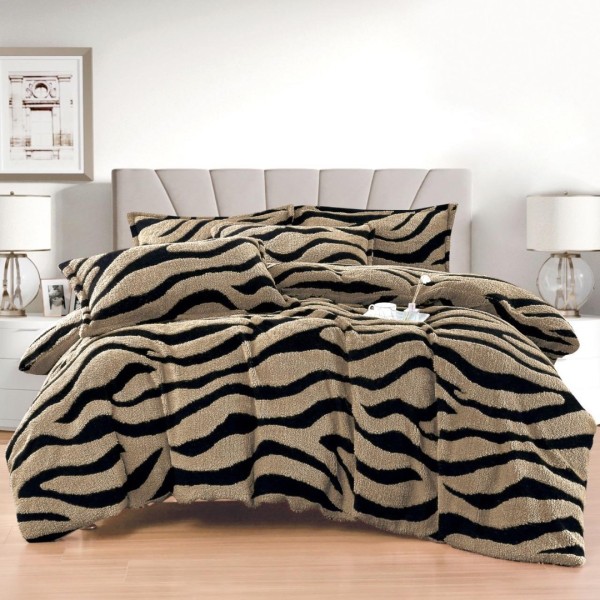 Lenjerie pat dublu, Super Pufoasa COCOLINO Sherpa, cu ELASTIC, 4 piese, Cappuccino, Zebra Print [1]