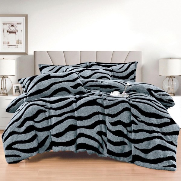 Lenjerie pat dublu, Super Pufoasa COCOLINO Sherpa, cu ELASTIC, 4 piese, Gri Albastrui, Zebra Print [1]