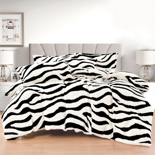 Lenjerie pat dublu, Super Pufoasa COCOLINO Sherpa, cu ELASTIC, 4 piese, Alb, Zebra Print [1]
