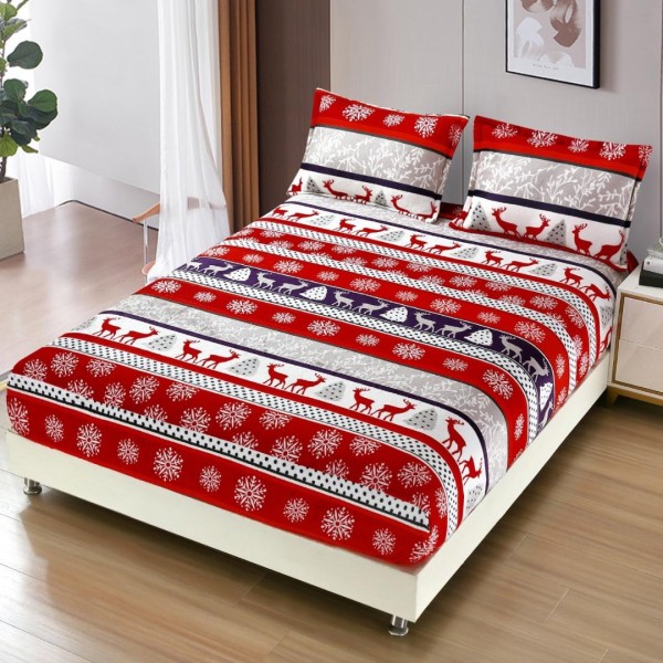 Cearsaf cu Elastic, CoCoLiNo, 180x200cm si 2 fete de perna 50x70cm, Rosu, Alb, Reni, Dungi [1]