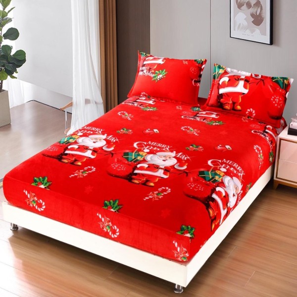 Cearsaf cu Elastic, CoCoLiNo, 180x200cm si 2 fete de perna 50x70cm, Rosu, Mos Craciun [1]