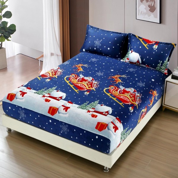 Cearsaf cu Elastic, CoCoLiNo, 180x200cm si 2 fete de perna 50x70cm, Albastru, Sania lui Mos Craciun [1]