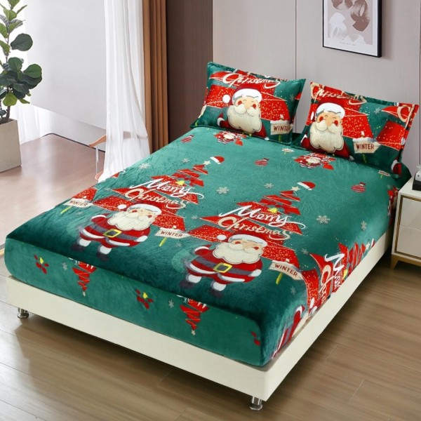 Cearsaf cu Elastic, CoCoLiNo, 180x200cm si 2 fete de perna 50x70cm, Verde, Brazi si Mos Craciun [1]