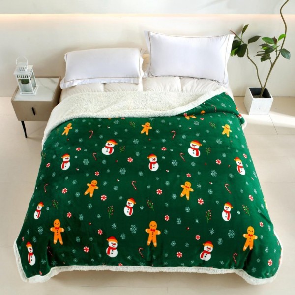   Pătură Cocolino cu Model de Crăciun, cu Blăniță Sherpa, 200x230 cm, Verde, Decoratiuni [1]