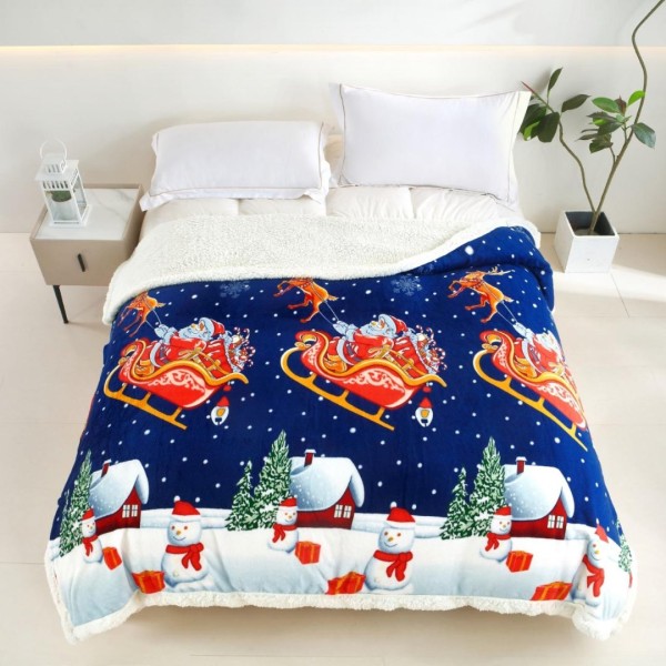   Pătură Cocolino cu Model de Crăciun, cu Blăniță Sherpa, 200x230 cm, Albastru, Sanie [1]
